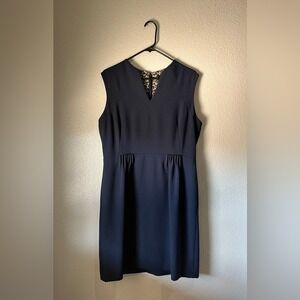 Tahiti Women's Elegant Navy Blue Sleeveless Midi Dress V Neck Sz 14 Chic Office